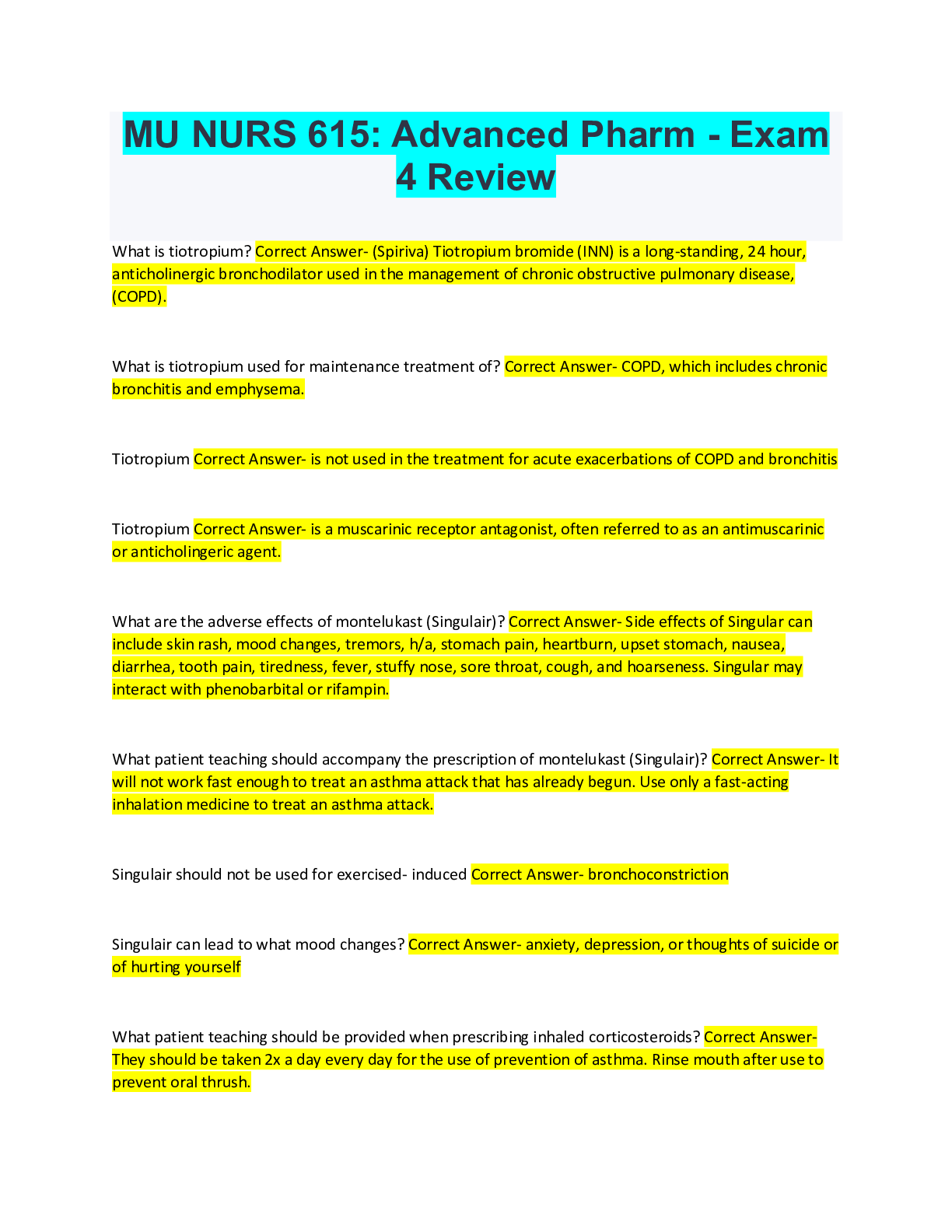 Preview of MU NURS 615: Advanced Pharm - Exam 4 Review